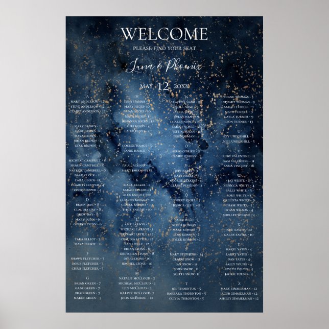 Celestial Sky | Gold Alphabetical Seating Chart (Front)