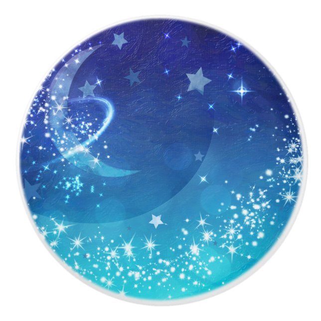 Celestial Sky Moon Sparkle & Stars Watercolor Ceramic Knob (Front)