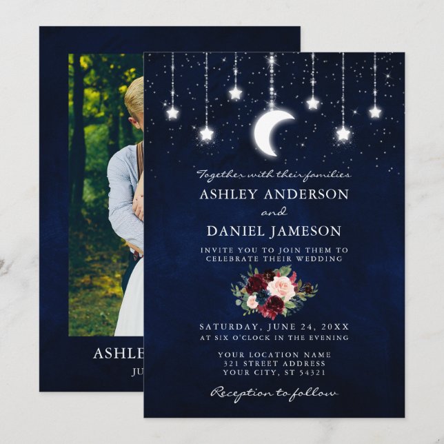 Celestial Sky Moon Stars Floral Lights Photo Invitation (Front/Back)