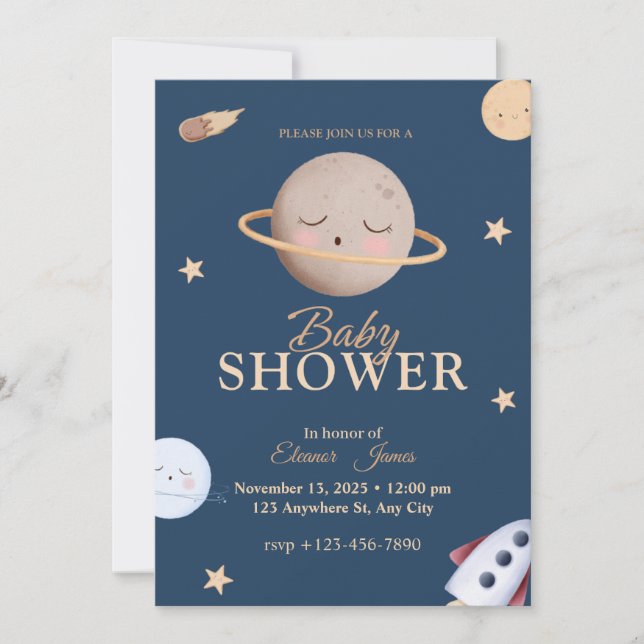 Celestial Space Baby Shower Invitation | Navy Star (Front)