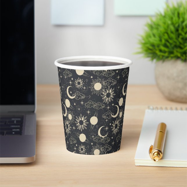 celestial space sun moon galaxy planet beige paper cups (Insitu)