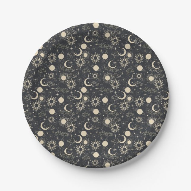 celestial space sun moon galaxy planet beige paper plate (Front)