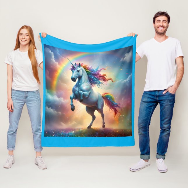 Celestial Spectrum: The Rainbow Unicorn's Arc Fleece Blanket (In Situ)