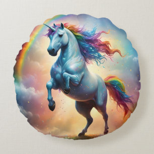 Celestial Spectrum: The Rainbow Unicorn's Arc Round Cushion