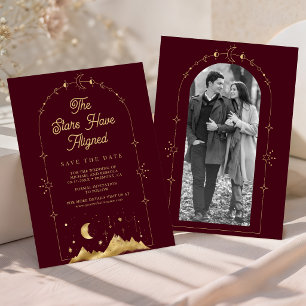 Celestial Star Burgundy Gold Crescent Moon Wedding Save The Date