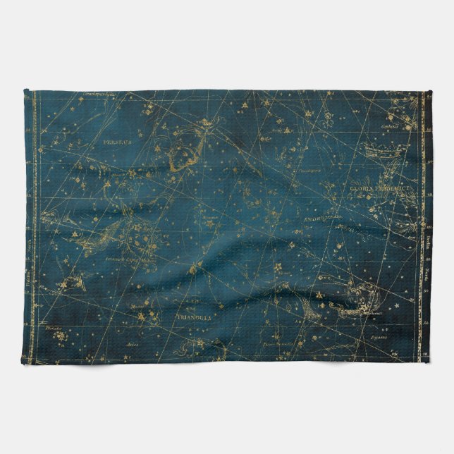 Celestial star map constellation blue gold galaxy tea towel (Horizontal)