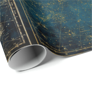 Celestial star map constellation blue gold galaxy wrapping paper