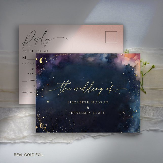 Celestial Star Midnight Blue Wedding Gold Reply Foil Invitation Postcard (celestial wedding RSVP gold foil watercolor starry night sky galaxy universe astrology navy blue)