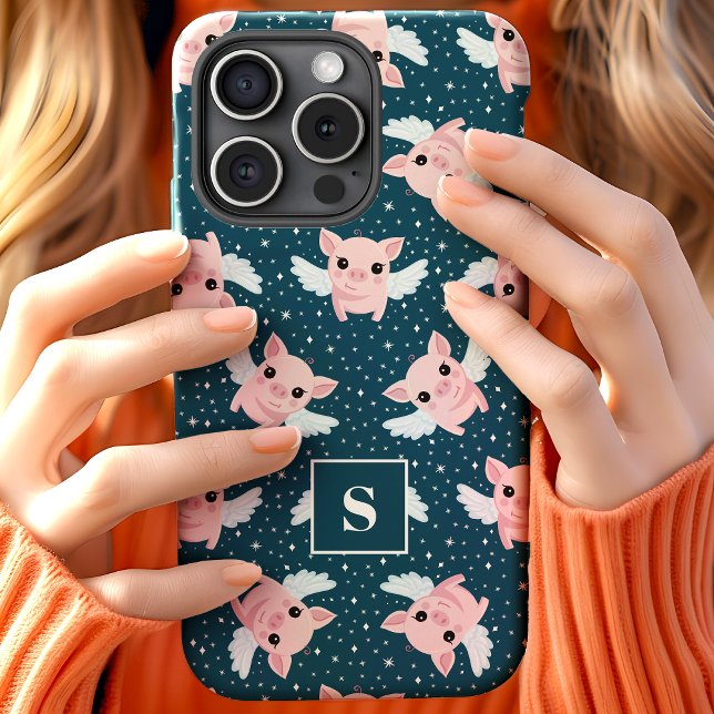 Celestial Starry Flying Pigs Monogrammed iPhone 15 Case (Creator Uploaded)