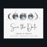 Celestial Starry Moon Phase Save the Date Announcement Postcard<br><div class="desc">Navy watercolor celestial moon phases adorned with golden zodiac constellations ,  wedding save the date postcard. Card features elegant calligraphy "Save the Date",  on front and back.</div>