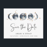 Celestial Starry Moon Phase Save the Date Announcement Postcard<br><div class="desc">Navy watercolor celestial moon phases adorned with golden zodiac constellations ,  wedding save the date postcard. Card features elegant calligraphy "Save the Date",  on front and back.</div>