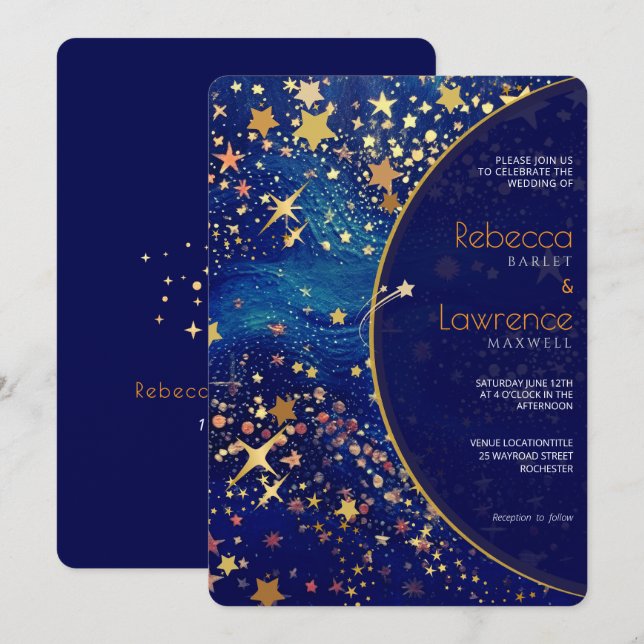 Celestial starry night blue wedding invitation (Front/Back)