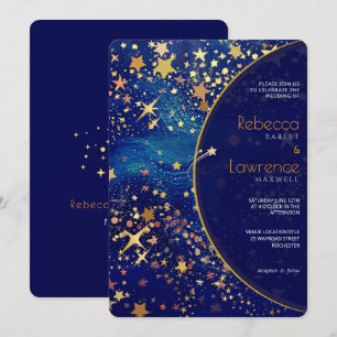 Celestial starry night blue wedding invitation