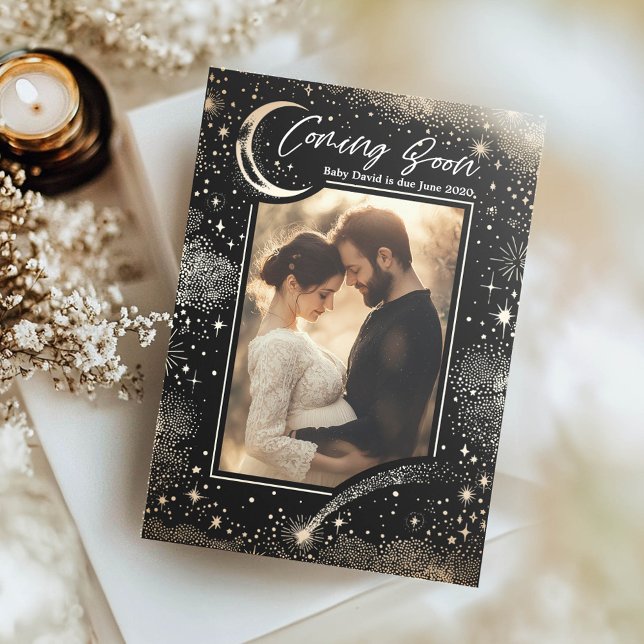 Celestial Starry Night Coming Soon Photo Pregnancy Announcement (Stars Pregnancy Announcement Photo Card Coming Soon)