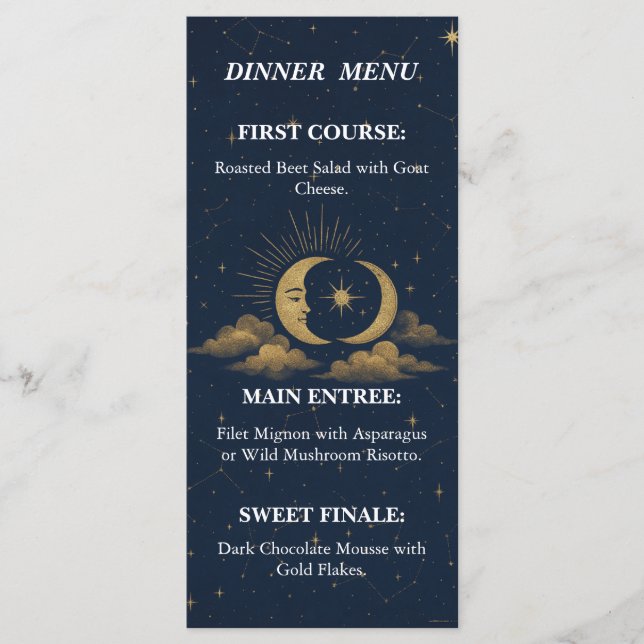 Celestial Starry Night Gold Moon Wedding Menu (Front)