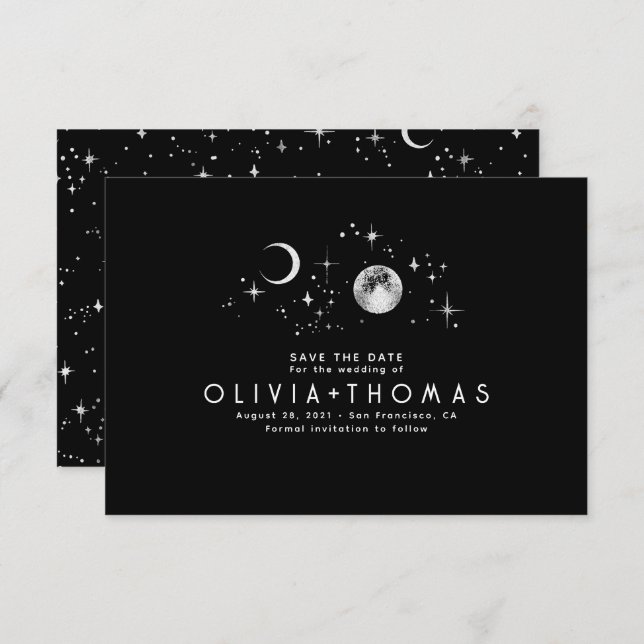 Celestial Starry Night Moon Black Save the Date (Front/Back)