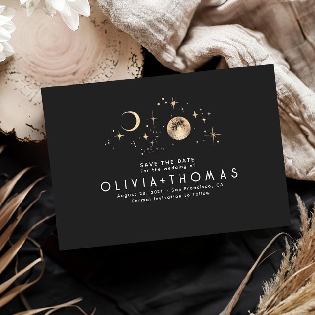 Celestial Starry Night Moon Black Save the Date (Black Celestial Save the Date Card)