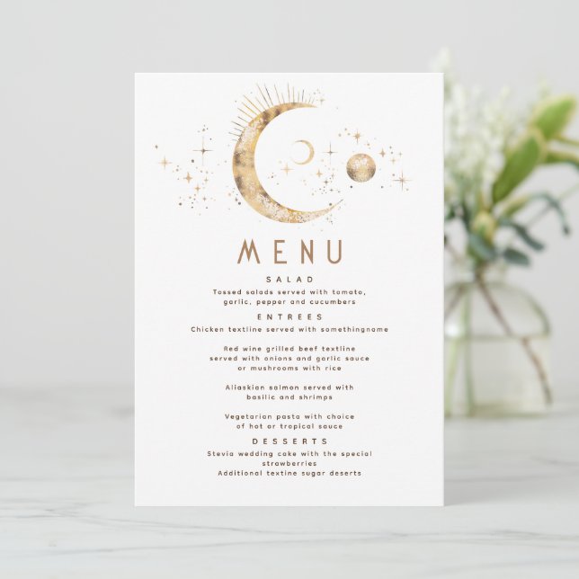 Celestial Starry Night Moon Wedding Menu Invitation (Standing Front)
