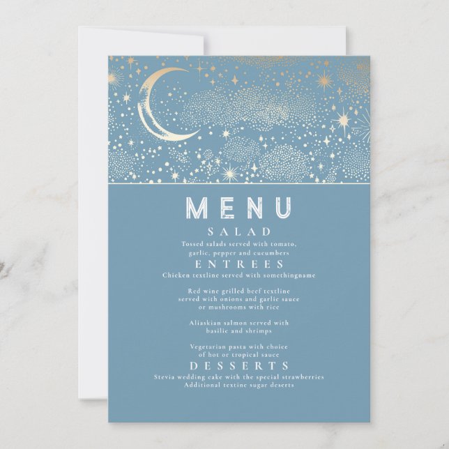 Celestial Starry Night Moon Wedding Menu Invitation (Front)