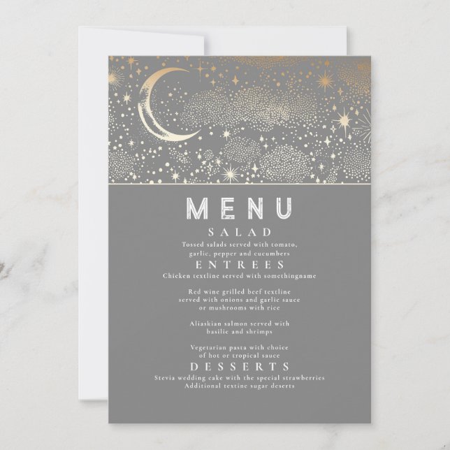 Celestial Starry Night Moon Wedding Menu Invitation (Front)