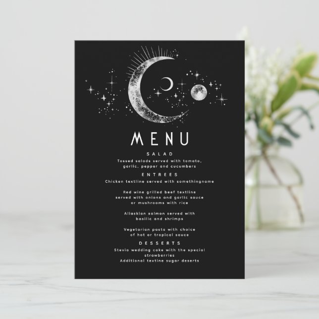 Celestial Starry Night Moon Wedding Menu Invitation (Standing Front)