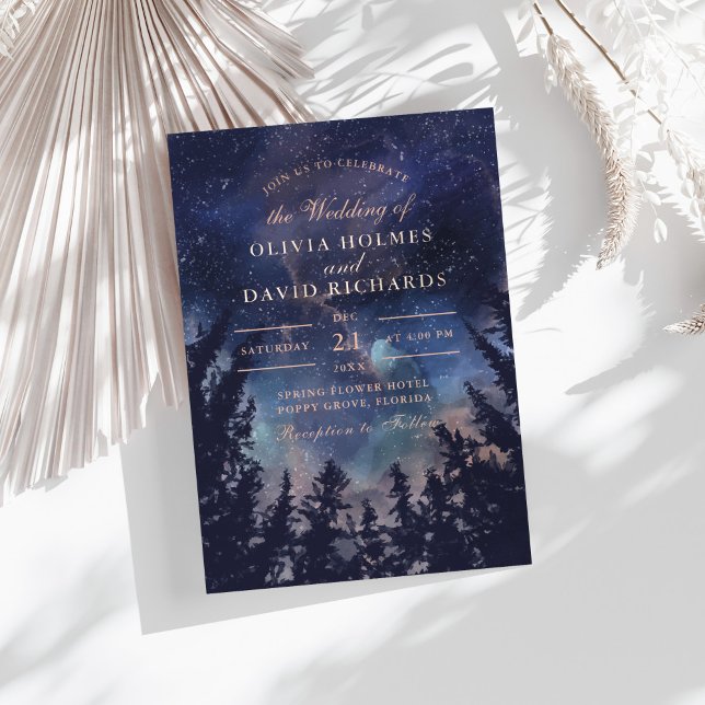 Celestial Starry Night Rose Gold Wedding  (Starry Night Forest Wedding Rose Gold Foil Invitation on a sunny table.)