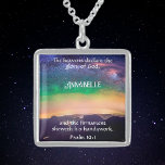 Celestial Starry Night Sky Psalm 19:1 Christian  Sterling Silver Necklace<br><div class="desc">Experience the enchantment of the night sky with our Starry Night Over Rockies necklace, a bespoke treasure inspired by the poetic Scripture verse of Psalm 19:1. Crafted with care, this necklace encapsulates the breathtaking panorama of the Rocky Mountains under a celestial canopy, personalised with your selected scripture and name. It's...</div>