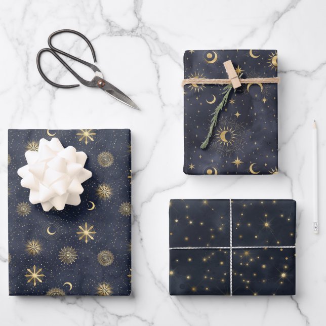 Celestial starry night sky wrapping paper sheet (Front)