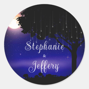 Celestial Starry Night Tree String Light Wedding Classic Round Sticker
