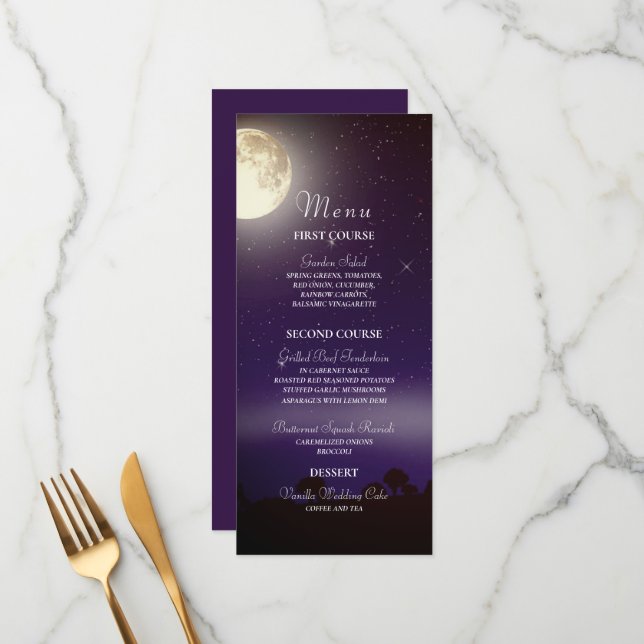 Celestial Starry Night Tree String Lights Wedding Menu (Front/Back In Situ)