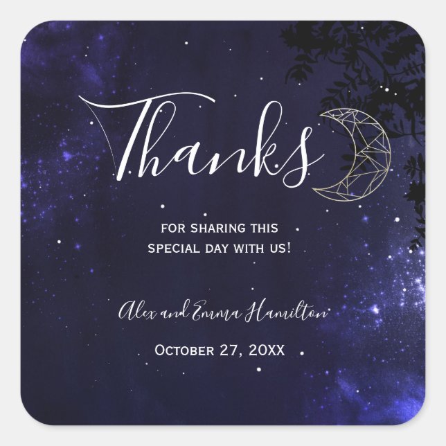 Celestial Starry Night with Gold Moon Wedding Square Sticker (Front)