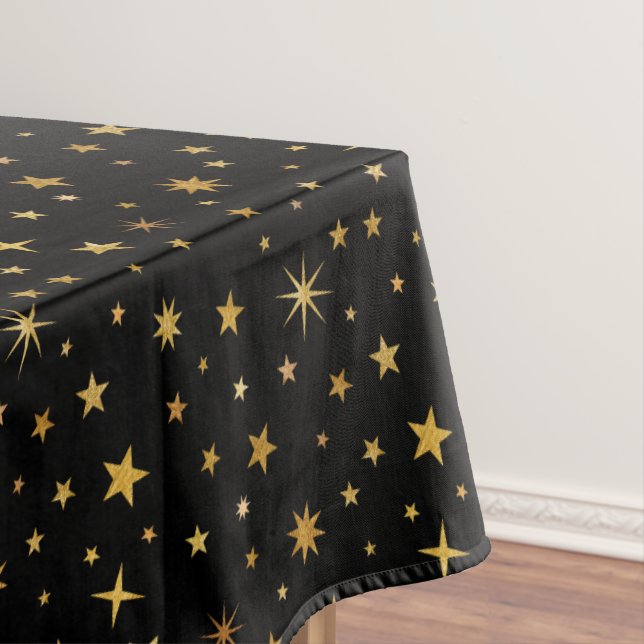 Celestial Starry Pattern Modern Black & Gold Party Tablecloth (In Situ)