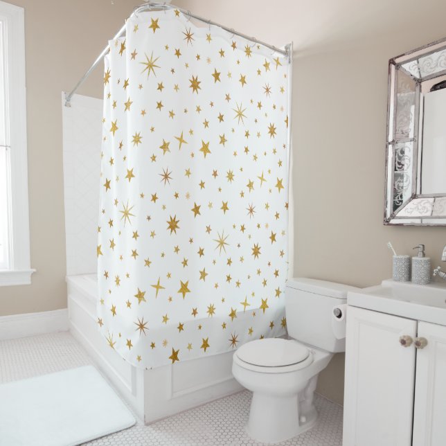 Celestial Starry Pattern Modern White & Gold Fairy Shower Curtain (In Situ)