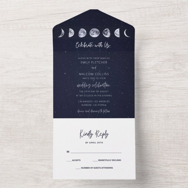 Celestial Starry Sky Moon Phases Celebrate Wedding All In One Invitation (Inside)