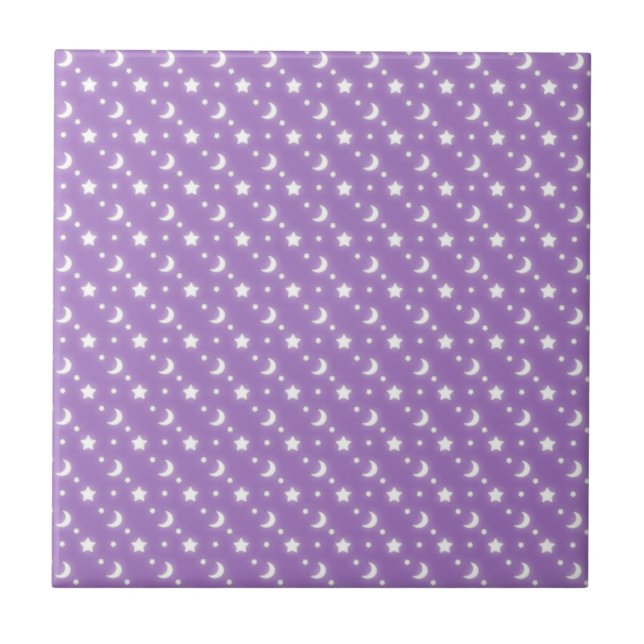 Celestial Stars and Moons on Purple Pattern Ceramic Tile (Front)