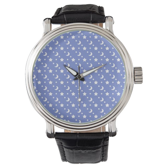 Celestial Stars and Moons Pattern on Blue Watch (Front)