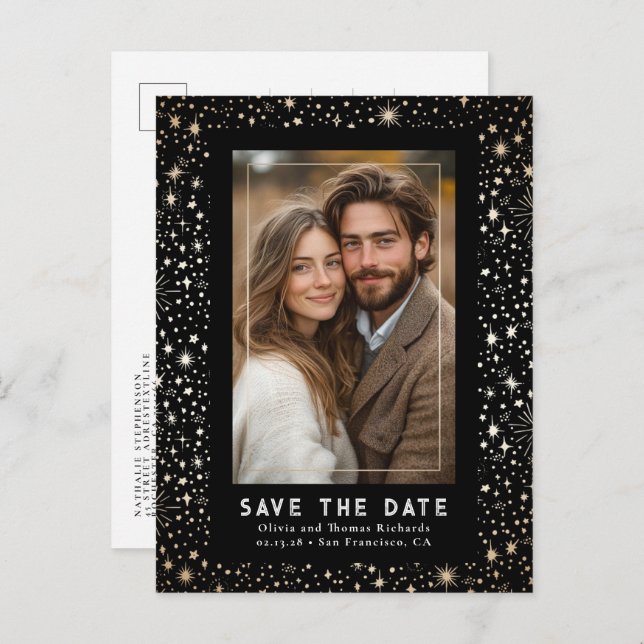 Celestial Stars Black Wedding Save The Date Photo Announcement Postcard (Front/Back)
