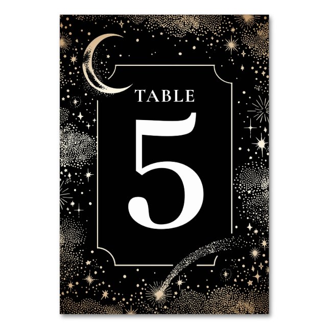 Celestial Stars Black Wedding Table Number Card (Front)