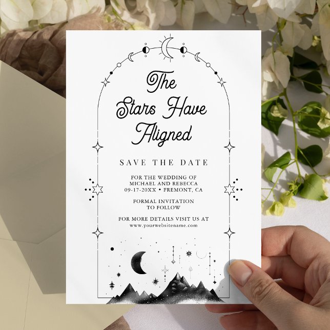 Celestial Stars Black White Crescent Moon Wedding Save The Date (Creator Uploaded)