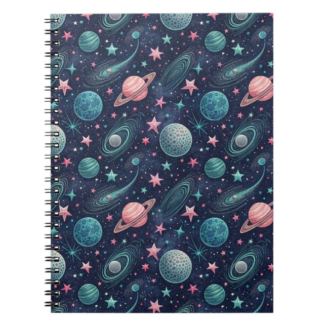 Celestial Stars, Cosmic Galaxy & Planets Pattern Notebook (Front)