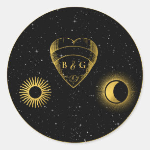 Celestial Stars Crescent Moon Black Gold Wedding Classic Round Sticker
