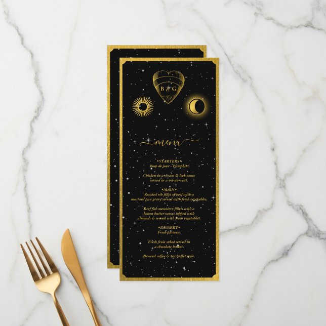 Celestial Stars Crescent Moon Black Gold Wedding Menu (Front/Back In Situ)
