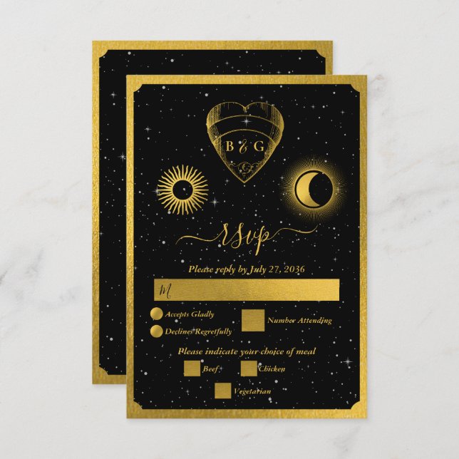 Celestial Stars Crescent Moon Black Gold Wedding RSVP Card (Front/Back)