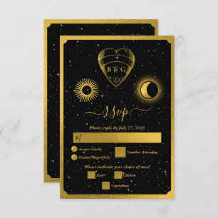 Celestial Stars Crescent Moon Black Gold Wedding RSVP Card