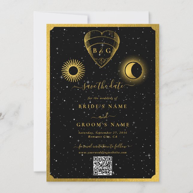 Celestial Stars Crescent Moon Black Gold Wedding Save The Date (Front)