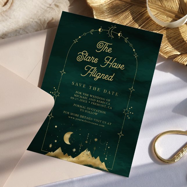 Celestial Stars Emerald Gold Crescent Moon Wedding Save The Date (Creator Uploaded)