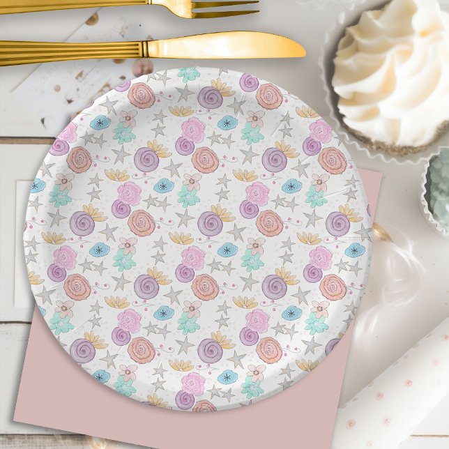 Celestial Stars Flower Soft Peach Teal Baby Shower Paper Plate (Creator Uploaded)