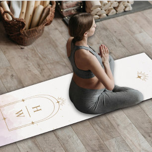 Celestial Stars Monogram Initial Blush Pink Gold Yoga Mat