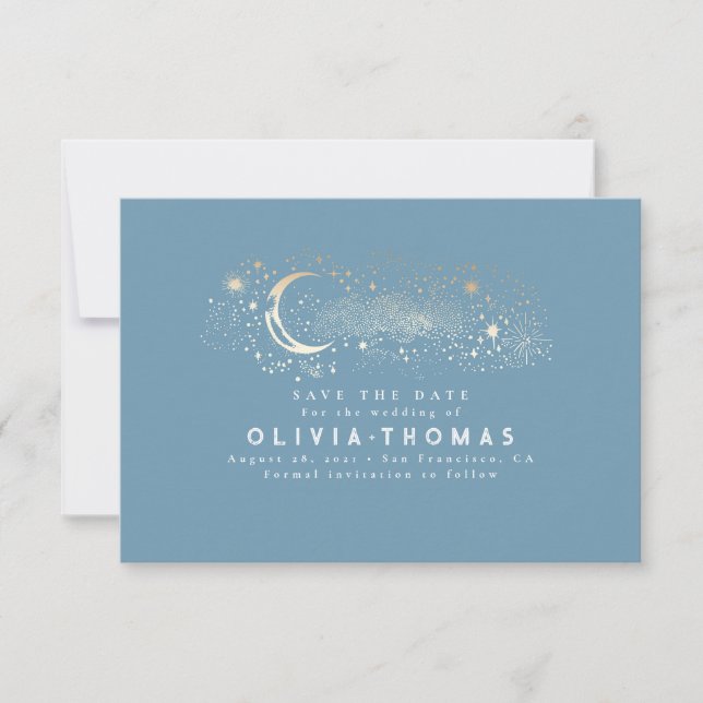 Celestial Stars Moon Dusty Blue Save the Date (Front)