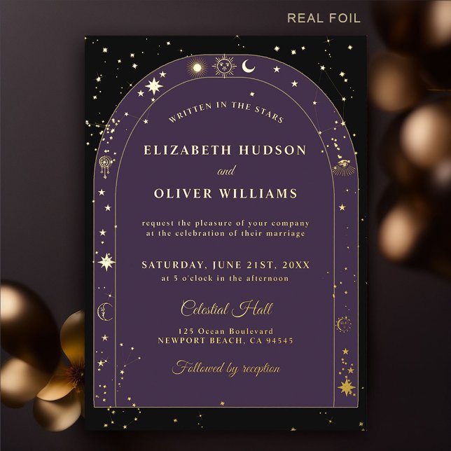 Celestial Stars Moon Gold Boho Arch Wedding (celestial wedding invitation moon stars sun planets starry night boho arch black purple gold zodiac)